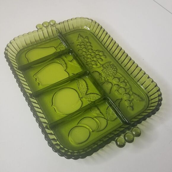 Vintage Indiana Glass Green Divided 5 Part Relish Serving Tray Fruit Olive - Picture 2 of 9